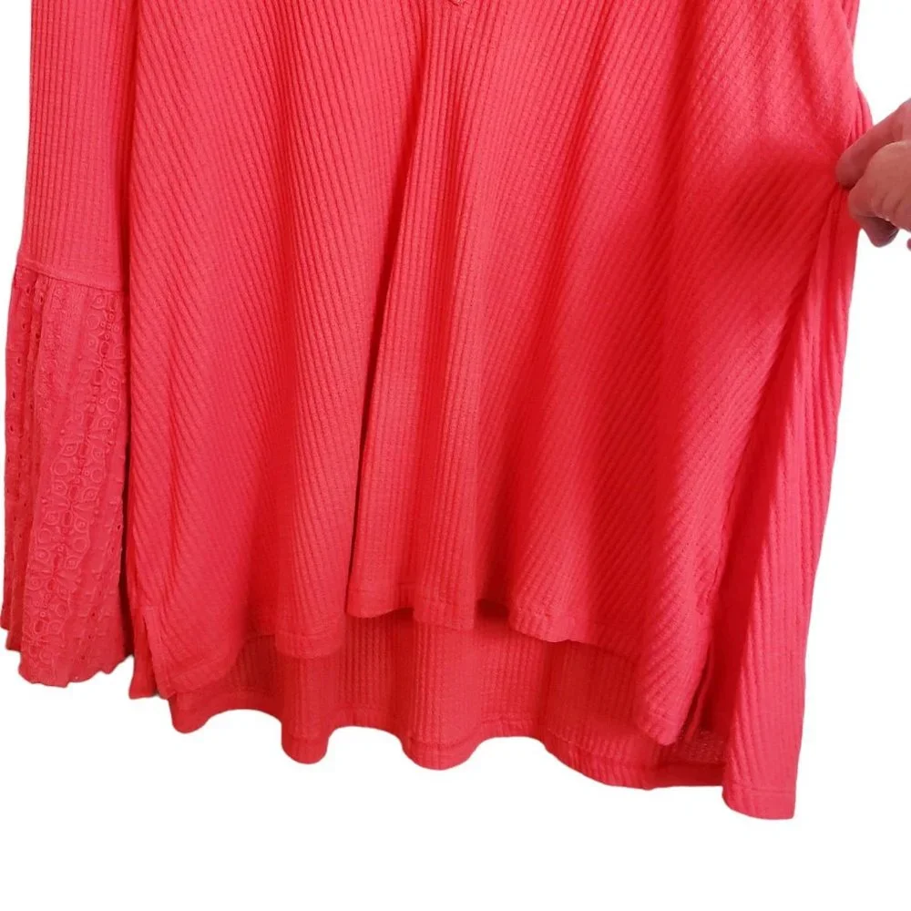 Free People Womens M Top Red Flared Sleeve Eyelet Embroidered V-Neck Blouse - Picture 6 of 12
